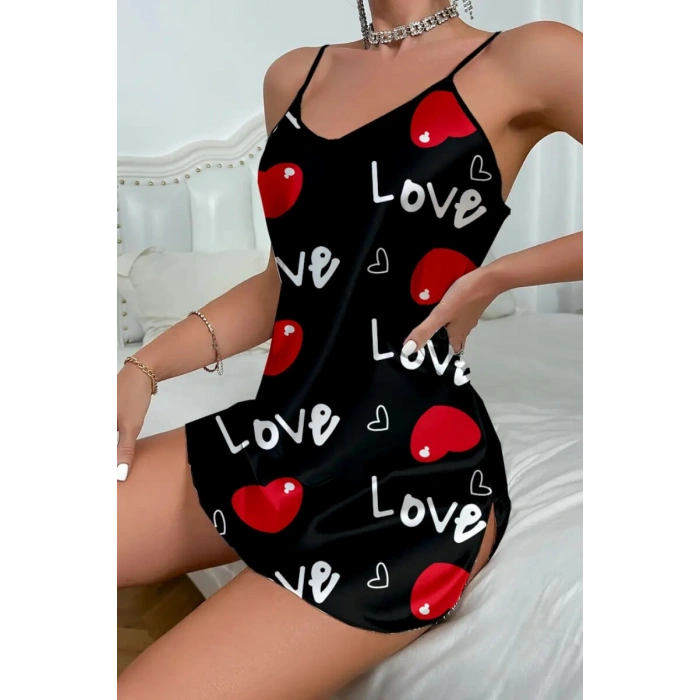 VipMarketim Love Desenli Siyah Saten Gecelik