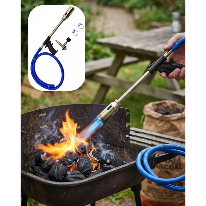 VipMarketim LPG Pürmüz Alev Tabancası Hortumlu Ayarlanabilir Gazlı Alev Yakıcı Kamp ve Mangal Başlatıcı