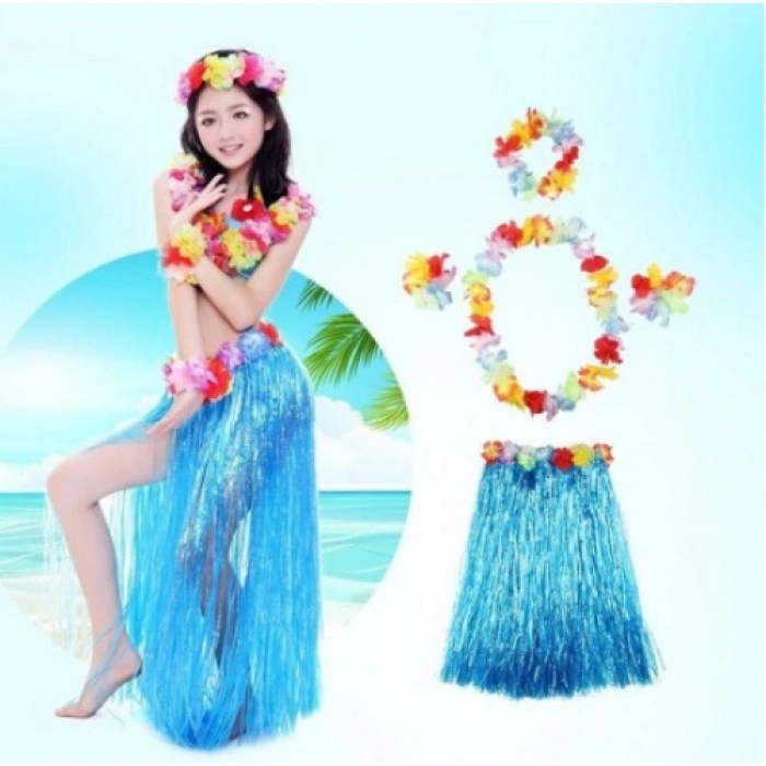 VipMarketim Luau Aloha Hawaii Partisi Etek Taç ve Bileklik Seti Mavi