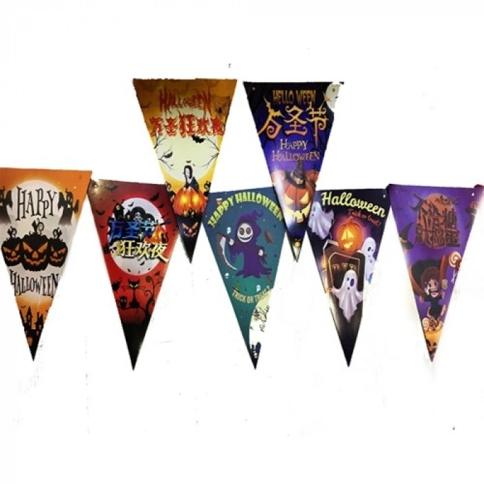 VipMarketim Lüks Baskılı Üçgen Model Halloween Banner Süs Bayrak 8 li