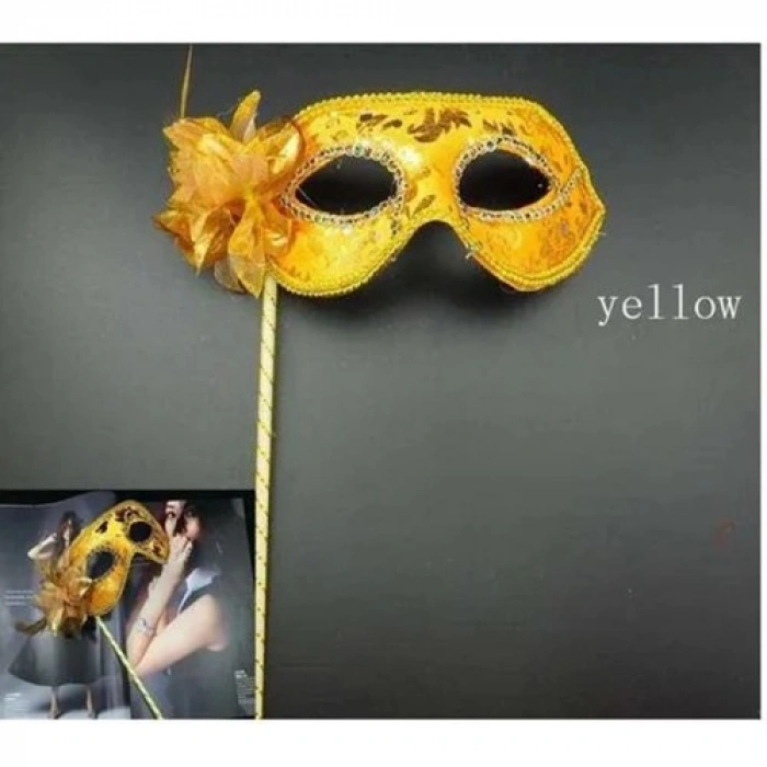 VipMarketim Lüks Taşlı Saplı Maskeli Balo Maskesi Altın Renk 35 cm