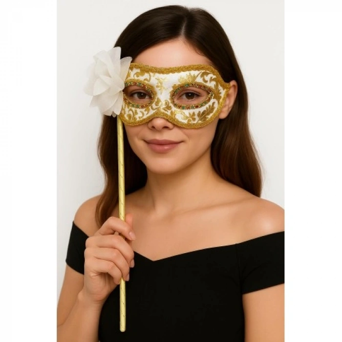 VipMarketim Lüks Taşlı Saplı Maskeli Balo Maskesi Beyaz Renk 35 cm