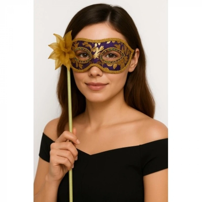 VipMarketim Lüks Taşlı Saplı Maskeli Balo Maskesi Mor Renk 35 cm