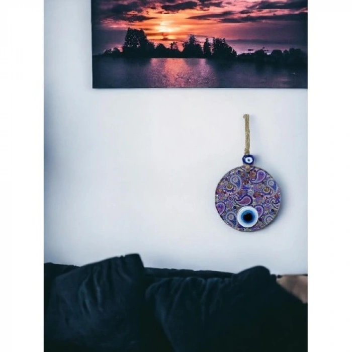 VipMarketim Mandala Desen Mavi Mor Nazar Boncuklu Füzyon Cam El İşçiliği 12 cm Duvar Süsü Nazarlık Hediyelik Eşya