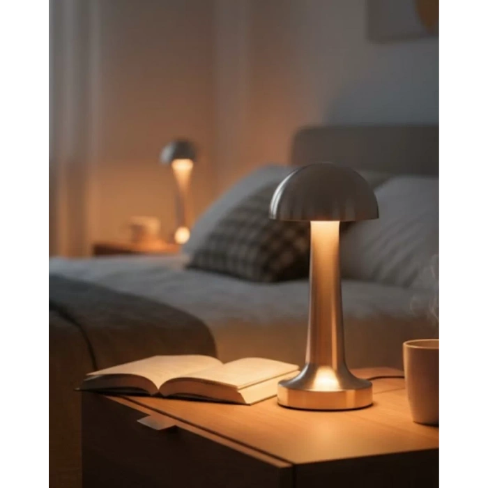 VipMarketim Mantar Masa Lambası Dokunmatik 3 Renk Işık Şarjlı Kablosuz Modern Krom Tasarım