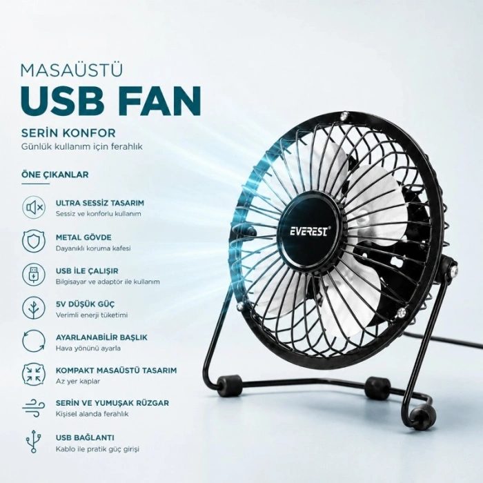 VipMarketim Masaüstü Mini USB Fan - Metal Gövdeli - Ultra Sessiz