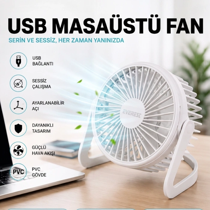 VipMarketim Masaüstü Mini USB Fan - PVC Gövdeli - 360° Ayarlanabilir