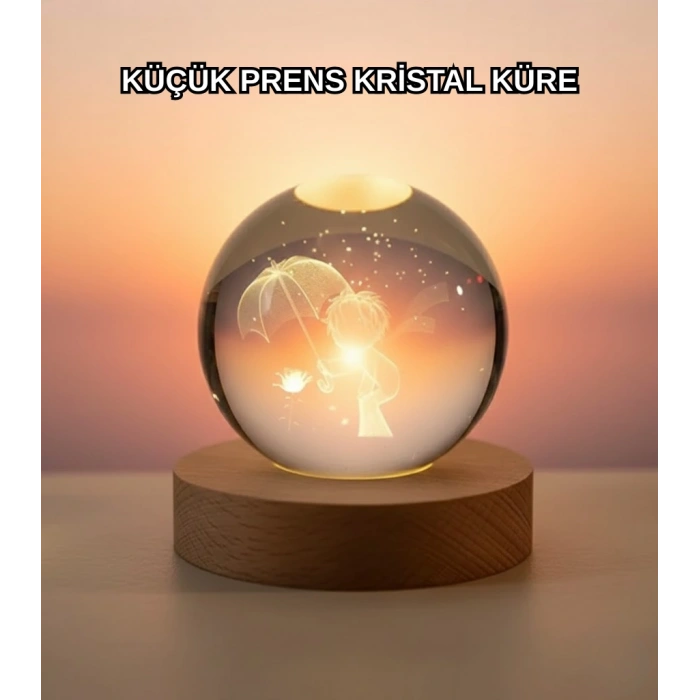 VipMarketim Masif Ahşap Standlı 3D Küçük Prens Kristal Top USB Gece Lambası Sıcak Işık