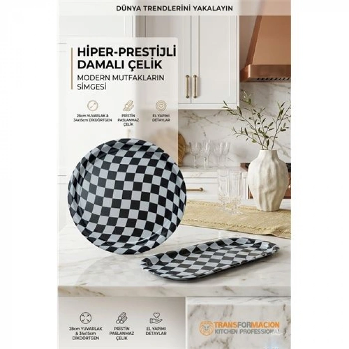 VipMarketim Masterpiece Çelik Tepsi Seti – Yuvarlak 28 cm & Dikdörtgen 34x15 cm 722989