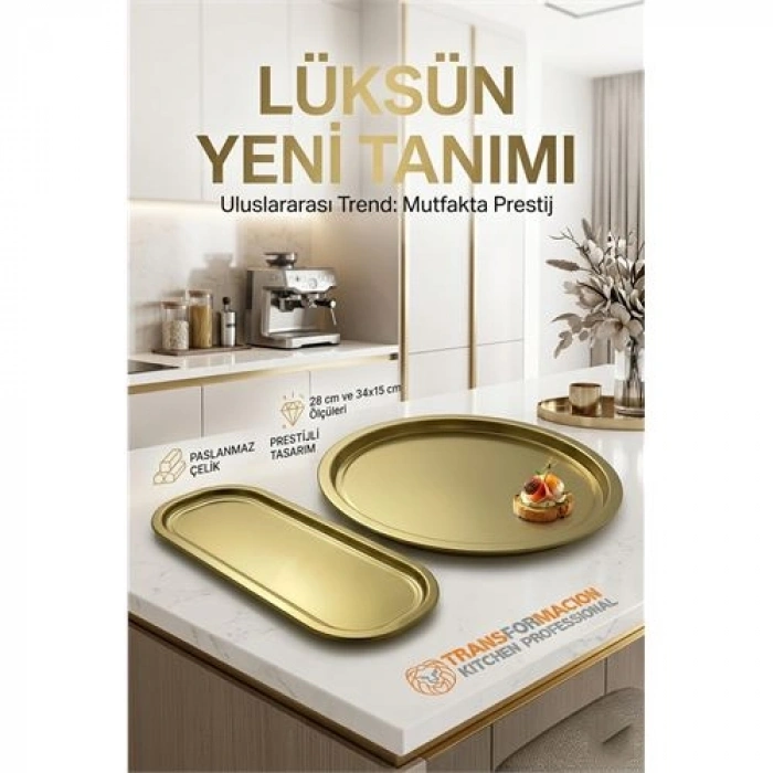 VipMarketim Masterpiece Çelik Tepsi Seti – Yuvarlak 28 cm & Dikdörtgen 34x15 cm 722990