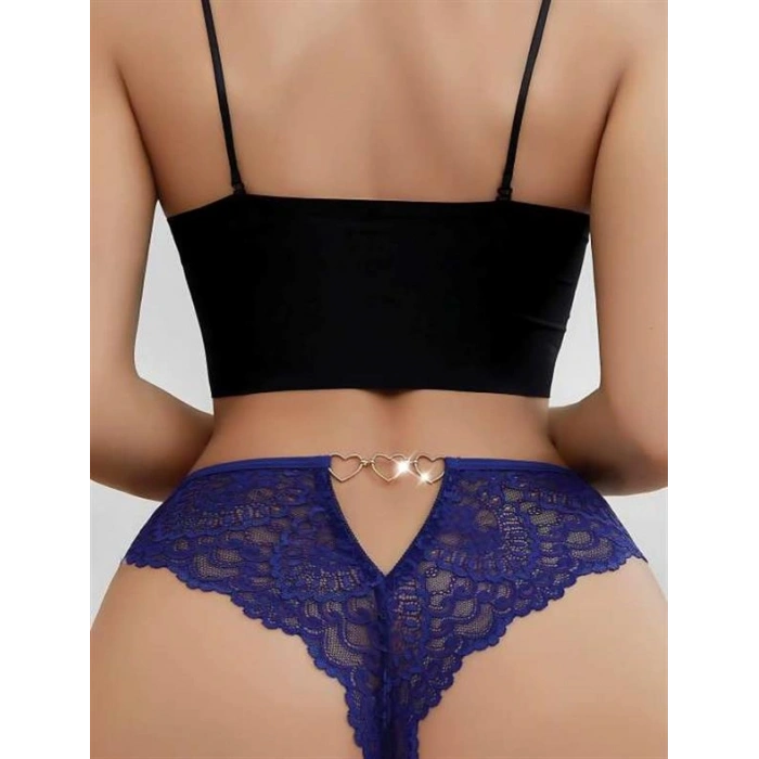 VipMarketim  Mavi Dantel İşlemeli Arkası Kalp Detaylı Fantezi String Tanga