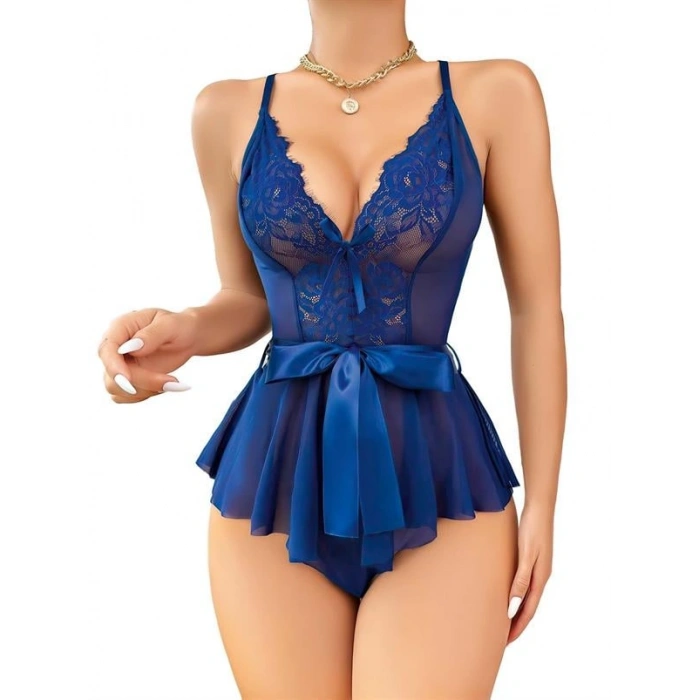 VipMarketim Mavi Dantel İşlemeli Kurdelalı Fantezi Tül Babydoll