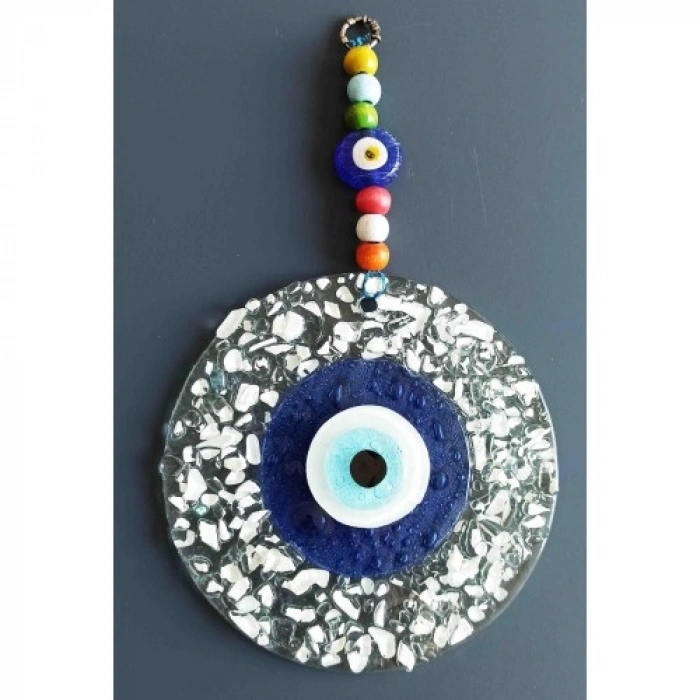 VipMarketim Mavi Nazar Boncuklu Beyaz Kesme Cam Desenli Duvar Süsü Nazarlık
