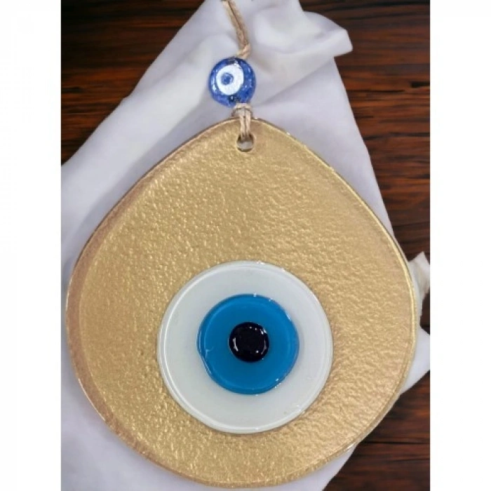 VipMarketim Mavi Nazar Boncuklu Gold Renk Nazar Boncuklu Damla Desen El Yapımı Duvar Süsü