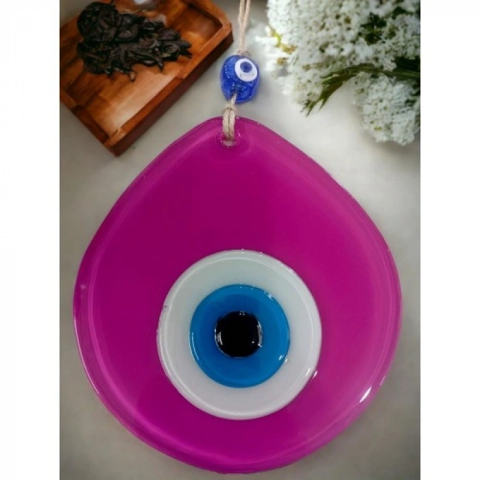 VipMarketim Mavi Nazar Boncuklu Pembe Renk Nazar Boncuklu Damla Desen El Yapımı Duvar Süsü