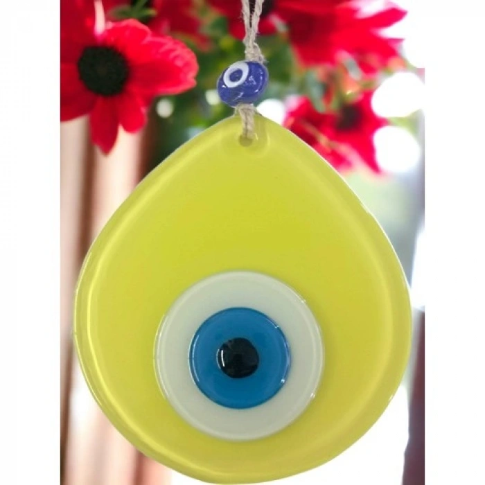 VipMarketim Mavi Nazar Boncuklu Sarı Renk Nazar Boncuklu Damla Desen El Yapımı Duvar Süsü