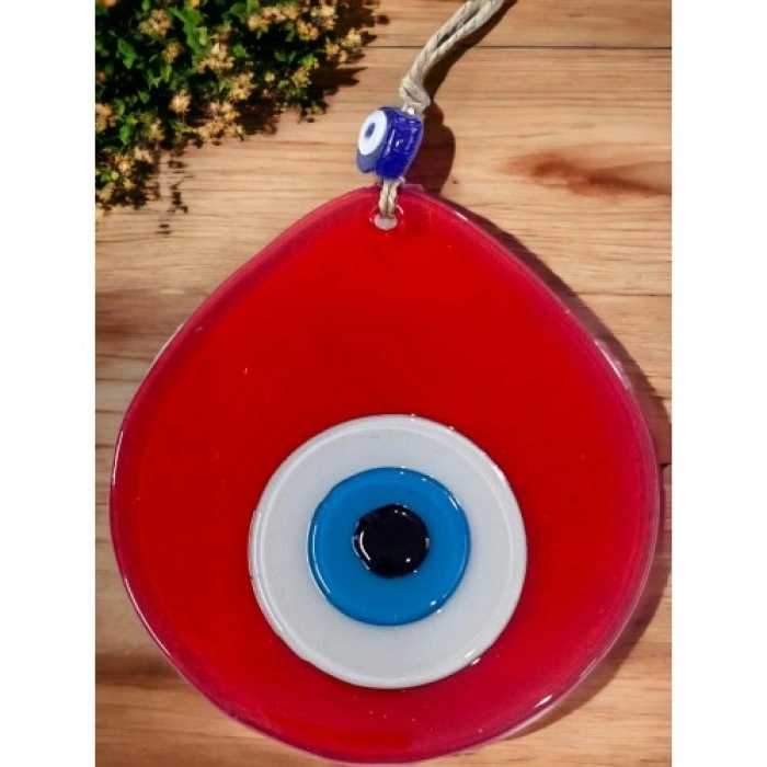 VipMarketim Mavi Nazar Boncuklu Şeffaf Kırmızı Renk Nazar Boncuklu Damla Desen El Yapımı Duvar Süsü