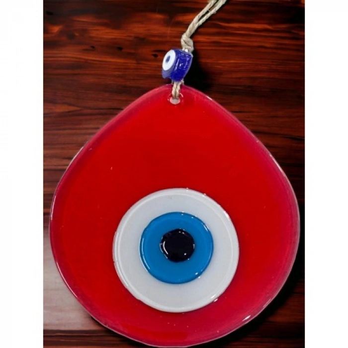 VipMarketim Mavi Nazar Boncuklu Şeffaf Kırmızı Renk Nazar Boncuklu Damla Desen El Yapımı Duvar Süsü