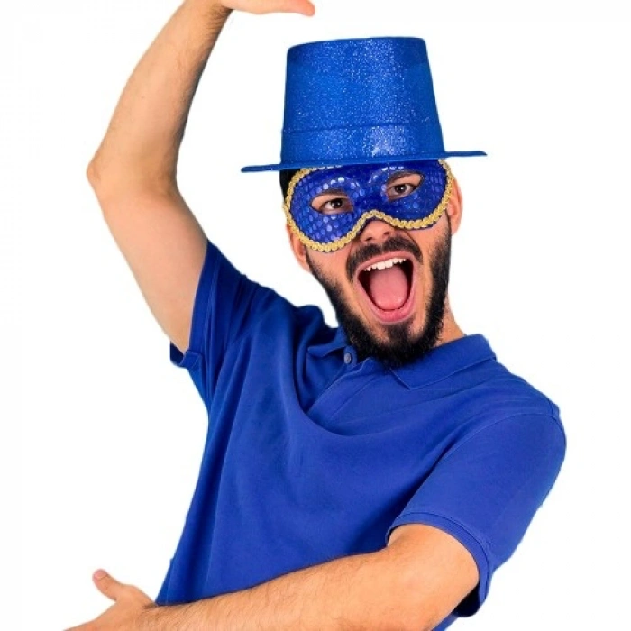 VipMarketim Mavi Renk Parıltılı Simli Fötr Silindir Parti Şapkası