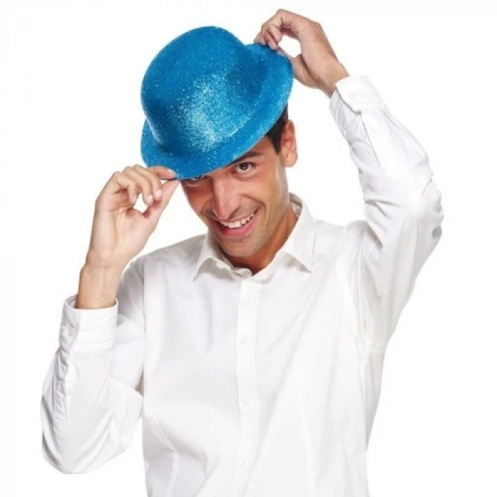 VipMarketim Mavi Renk Simli Melon Yuvarlak Parti Şapkası 24x26 cm