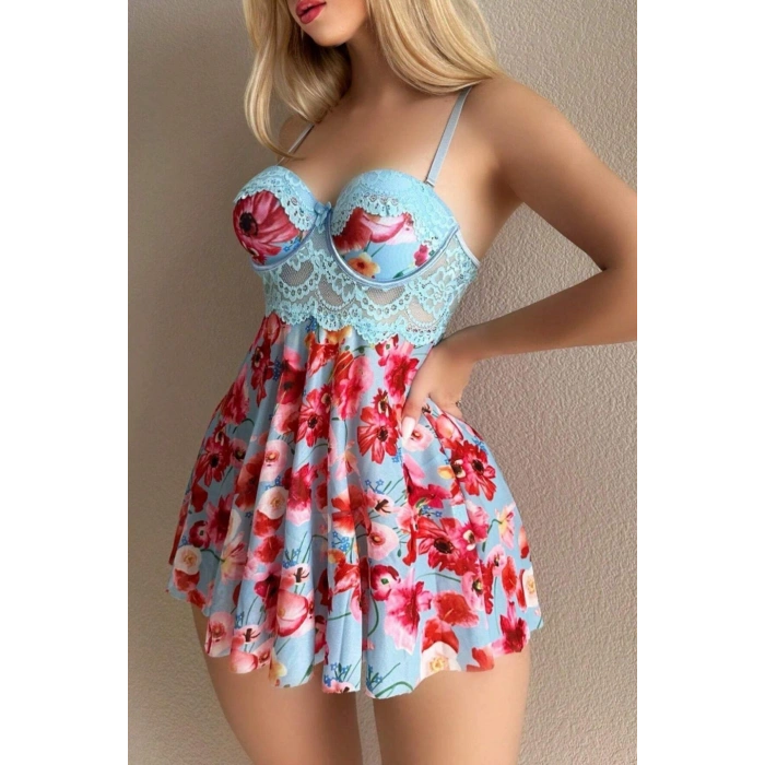 VipMarketim Mavi Rüya Gecesi Çiçekli Askılı Mini Gecelik 15628