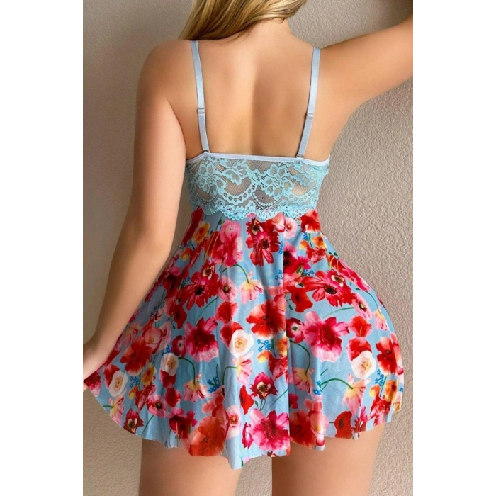 VipMarketim Mavi Rüya Gecesi Çiçekli Askılı Mini Gecelik 15628