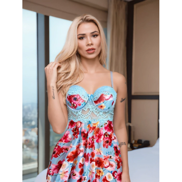 VipMarketim Mavi Rüya Gecesi Çiçekli Askılı Mini Gecelik – Micro Kumaş