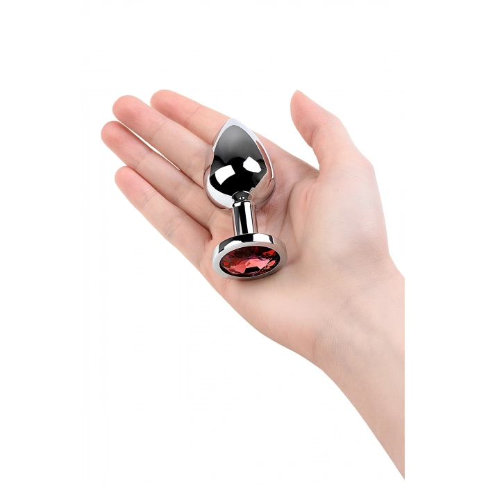 VipMarketim Metal Anal Plug, Metal, Gümüş, Kırmızı Kristalli, 8 Cm, Ø 3,4 Cm, 85 G