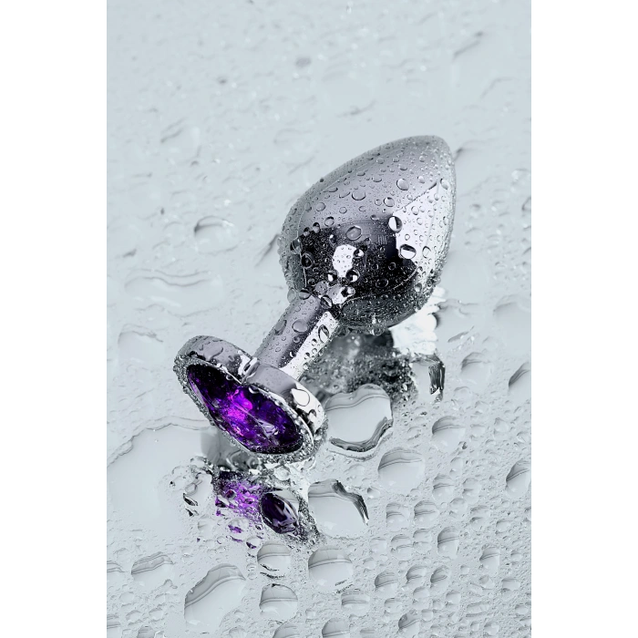 VipMarketim Metal  Anal Plug, Metal, gümüş, mor kristalli, 8 cm, Ø 3,4 cm, 85 g