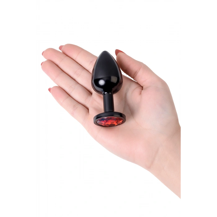 VipMarketim Metal Anal Plug, Metal, Siyah, Kırmızı Kristalli, 8,2 Cm, Ø3,4 Cm, 85 G