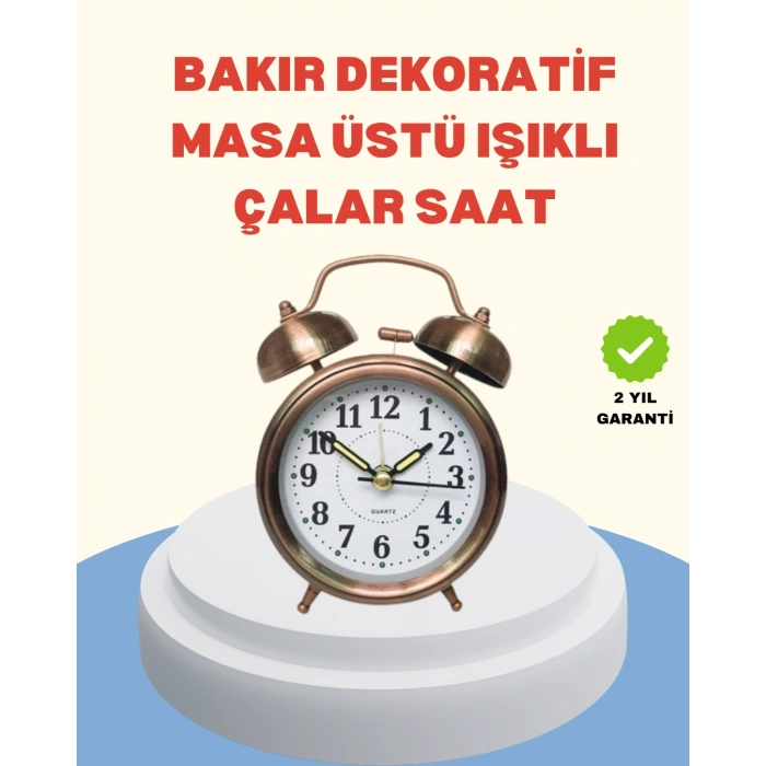 VipMarketim Metal Bronz Nostaljik Masa Saati Alarmlı Büyük Boy Sessiz Mekanizmalı