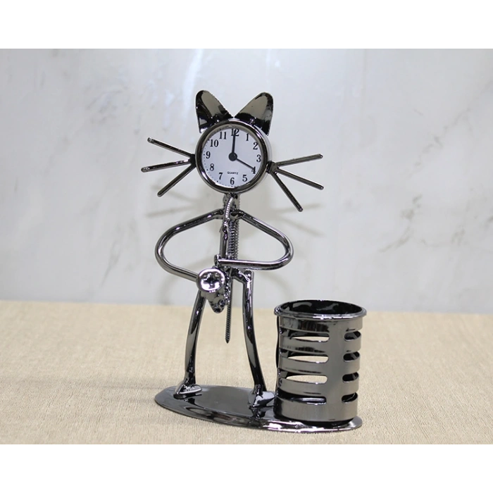 VipMarketim Metal Saksafon Çalan Müzisyen Kedi Saat Ve Kalemlik