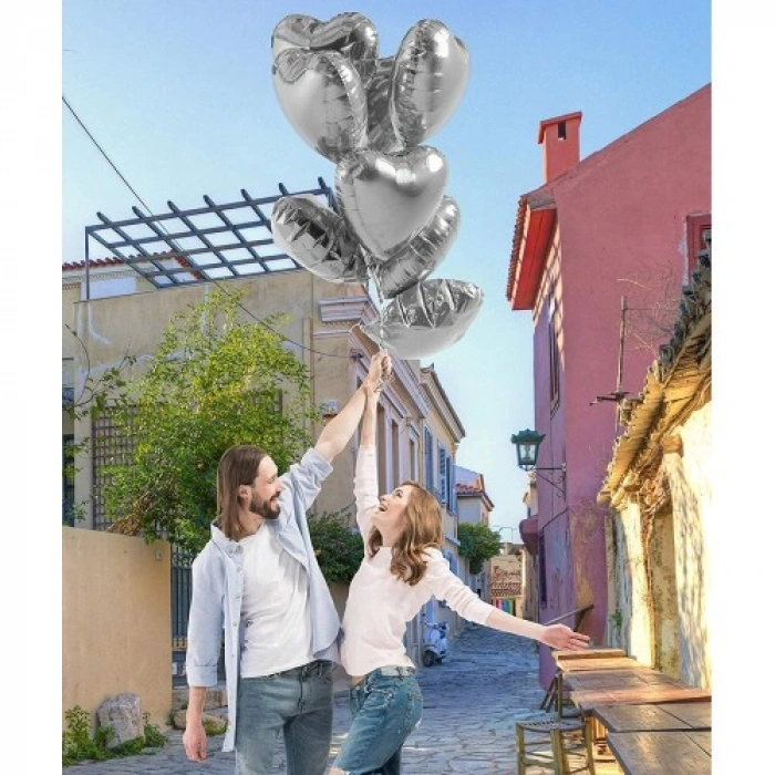 VipMarketim Metalize Parlak Gümüş Kalp Şekilli Uçan Balon Folyo 18 inç 45 cm 10 Adet