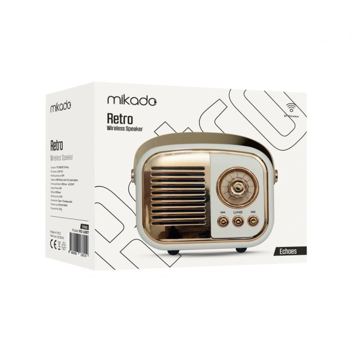 VipMarketim MIKADO MD-24BT Echoes Beyaz 3W Taşınabilir USB/TF Kart/Bluetooth 800mAh Klasik Retro Müzik Kutusu(1923)