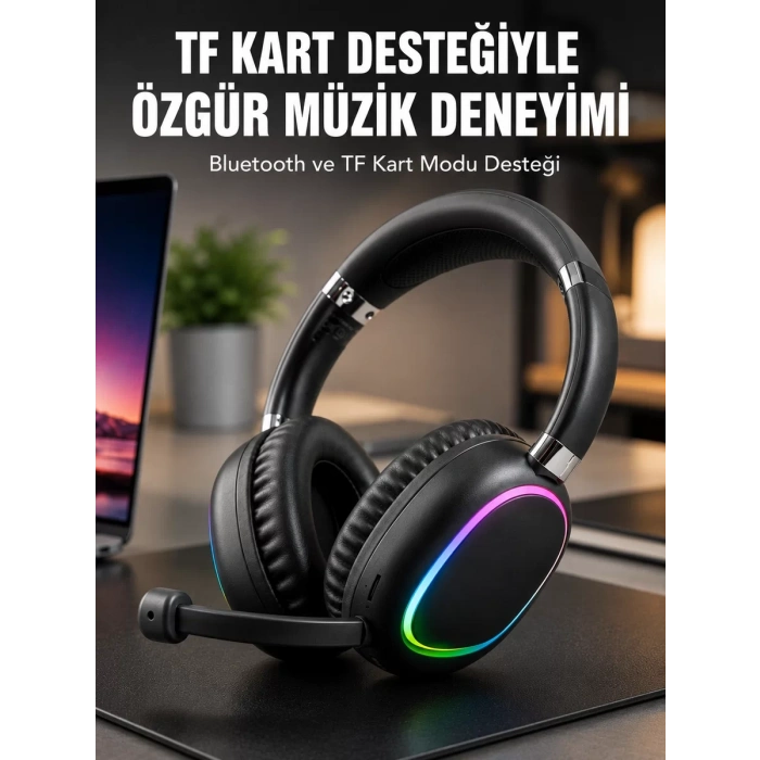 VipMarketim Mikrofonlu Bluetooth Kulak Üstü Kulaklık RGB Aydınlatmalı Type-C Şarjlı