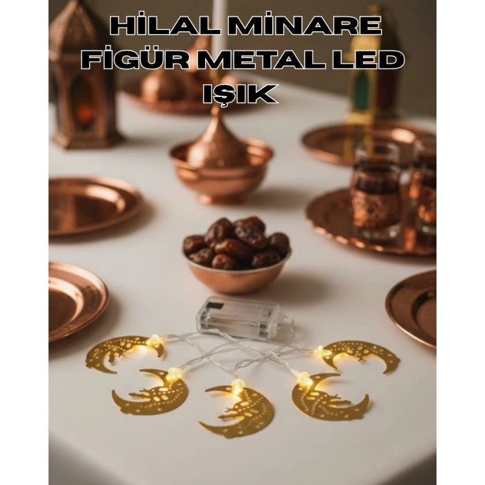 VipMarketim Minareli Hilal LED Işık Gold Metal Gövdeli Pilli Ramazan Dekoru