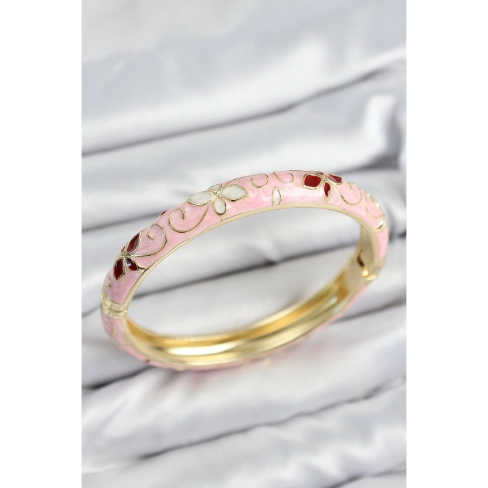VipMarketim Mineli Pirinç Pembe Çiçek Motifli Gold Kadın Kelepçe 5886
