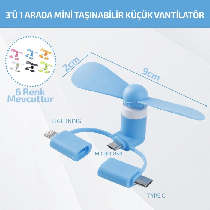 VipMarketim Mini Telefon Fanı - Lightning - Type-C - Micro USB Girişli - Sessiz