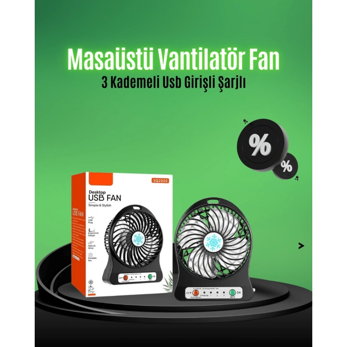 VipMarketim Mini USB Fan – Şarj Edilebilir Işıklı 3 Kademe Taşınabilir Masaüstü Vantilatör