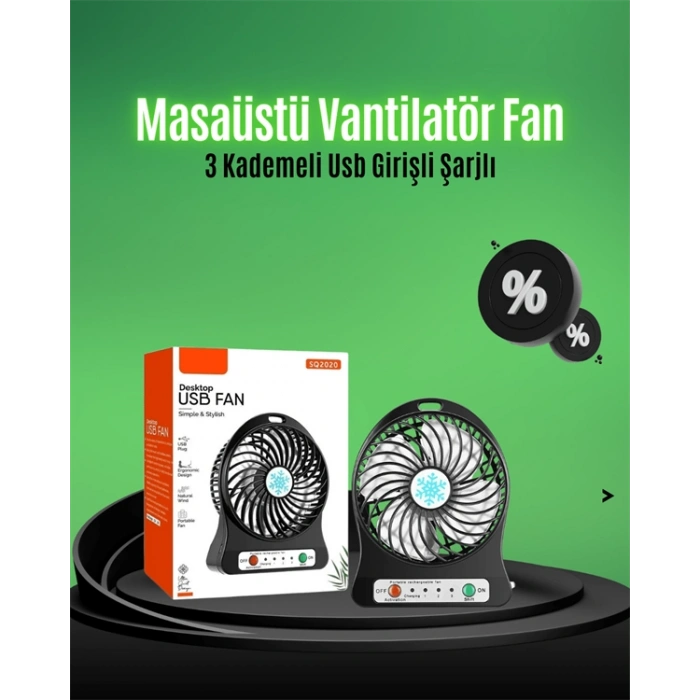 VipMarketim Mini USB Fan – Şarj Edilebilir Işıklı 3 Kademe Taşınabilir Masaüstü Vantilatör