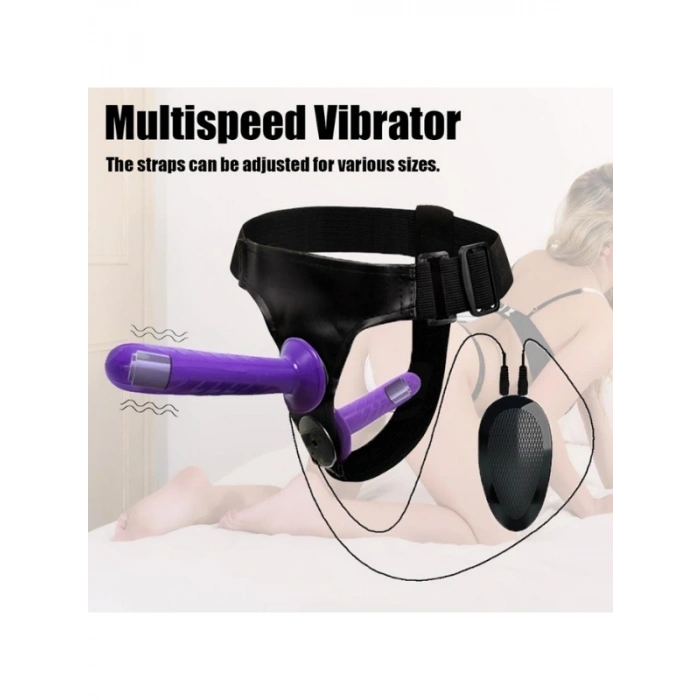 VipMarketim Mor Double Dong Titreşimli Belden Bağlamalı Çift Taraflı Bisex Dildo Vibratör
