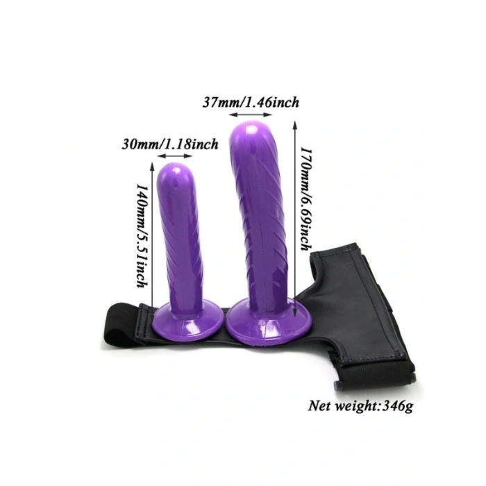 VipMarketim Mor Double Dong Titreşimli Belden Bağlamalı Çift Taraflı Bisex Dildo Vibratör