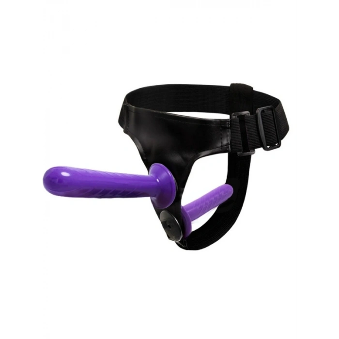 VipMarketim Mor Double Dong Titreşimli Belden Bağlamalı Çift Taraflı Bisex Dildo Vibratör