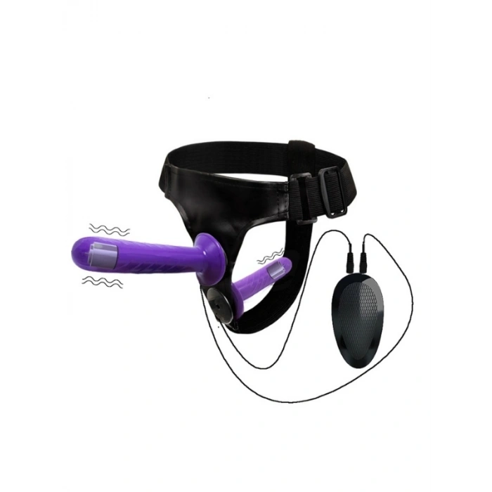 VipMarketim Mor Double Dong Titreşimli Belden Bağlamalı Çift Taraflı Bisex Dildo Vibratör