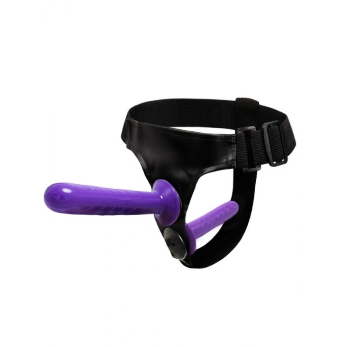 VipMarketim Mor Double Dong Titreşimli Belden Bağlamalı Çift Taraflı Bisex Dildo Vibratör model 2