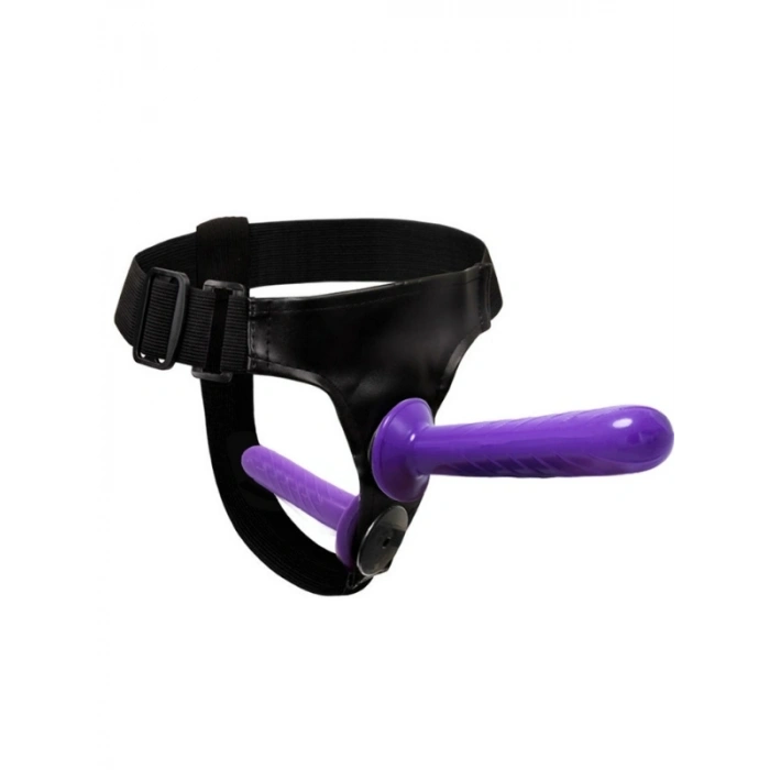 VipMarketim Mor Double Dong Titreşimli Belden Bağlamalı Çift Taraflı Bisex Dildo Vibratör model 2