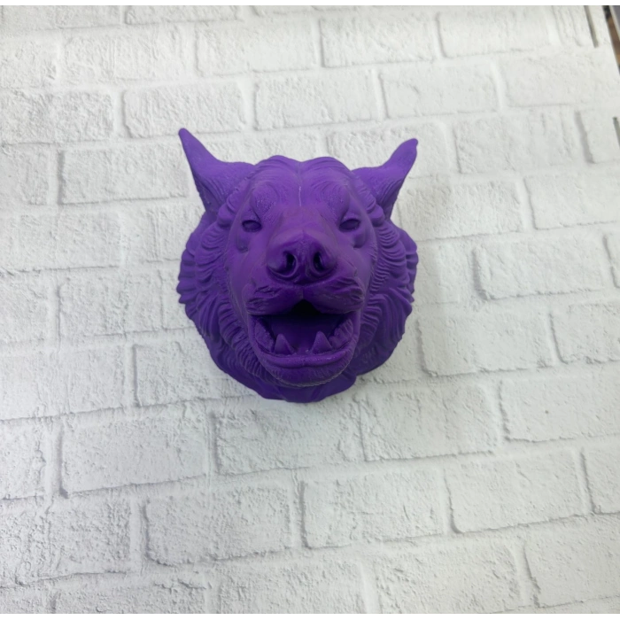 VipMarketim Mor Renk 3D Kurt Başı Duvar Dekoru Asılabilir Maskot Heykel 25x19 cm