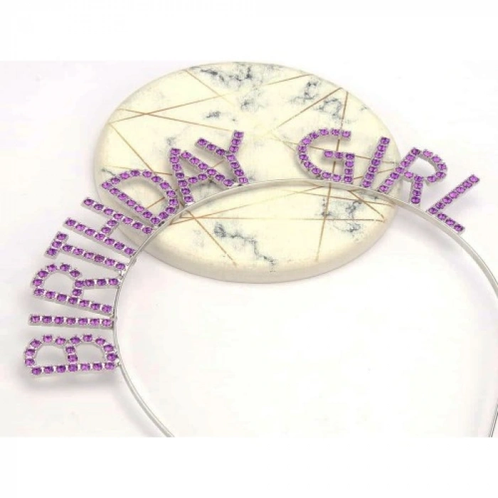 VipMarketim Mor Renk Kristal Taşlı Parlak Birthday Girl Yazılı Taç 16x17 cm