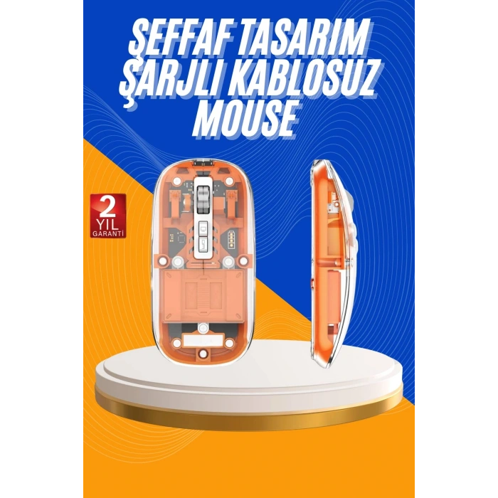 VipMarketim Mouse Fare Kablosuz Mouse Fare Şarjlı Bluetooth Sessiz 5 Tuşlu Şeffaf
