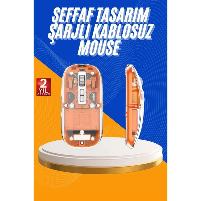 VipMarketim Mouse Fare Kablosuz Mouse Fare Şarjlı Bluetooth Sessiz 5 Tuşlu Şeffaf